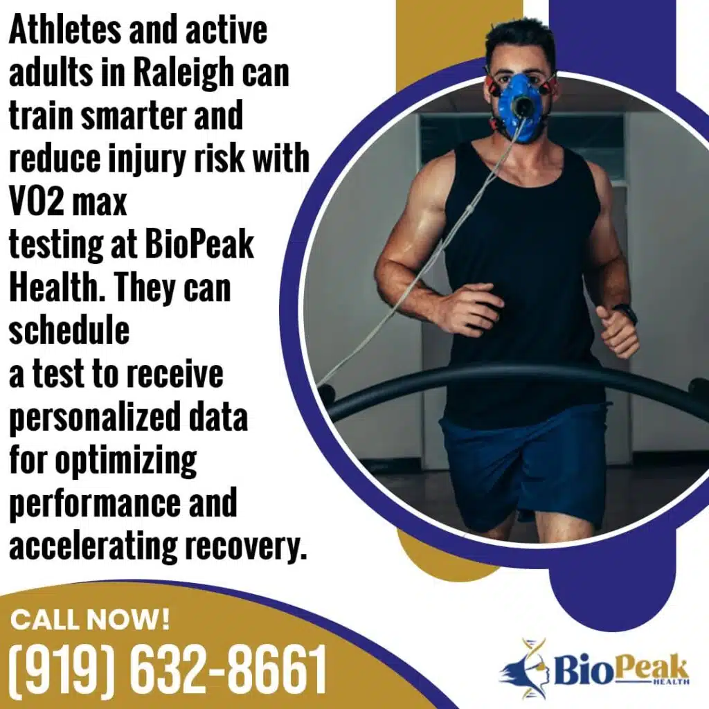 An athlete on a treadmill with a mask for a VO2 max test at BioPeak Health in Raleigh, NC, to optimize performance and accelerate recovery.