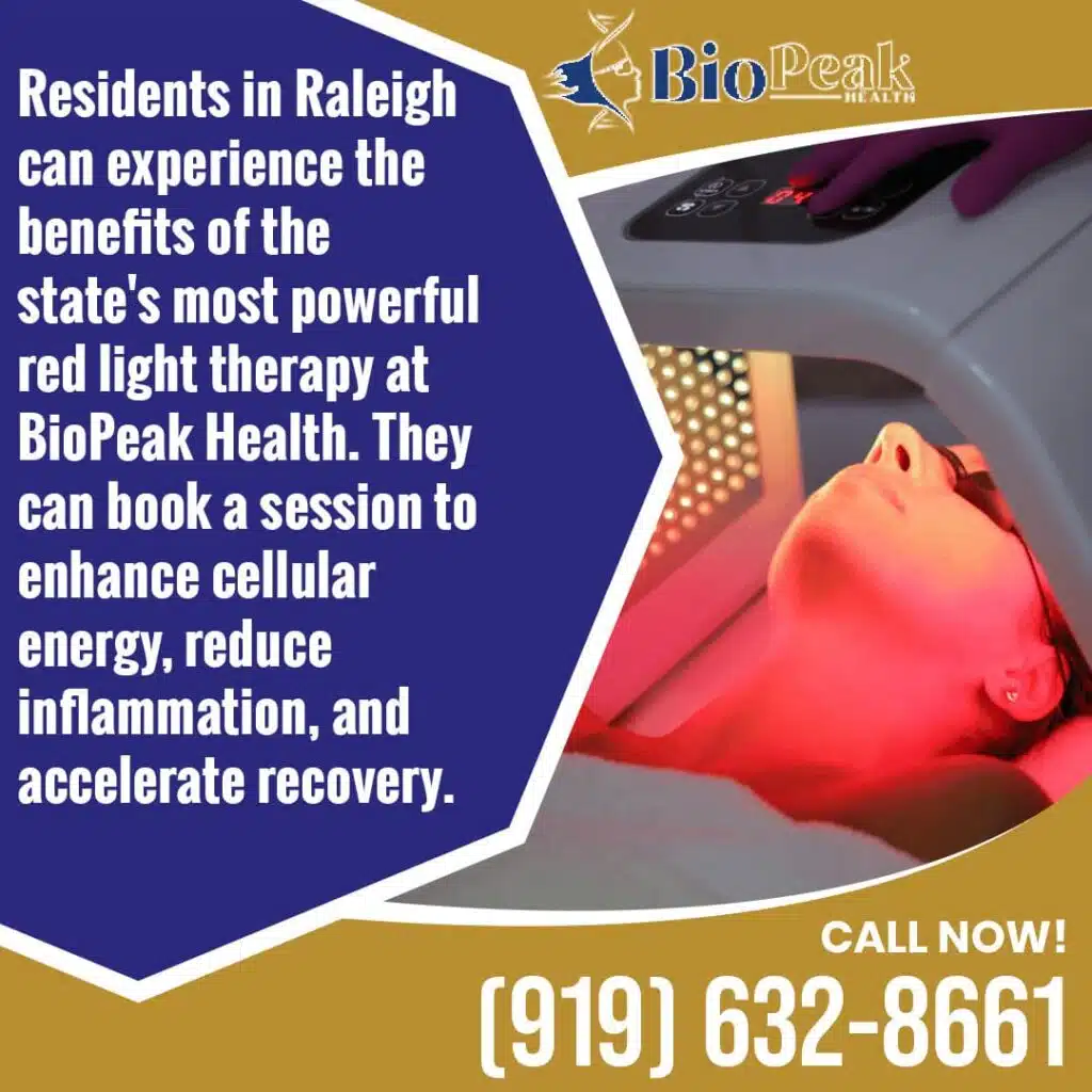 A woman receiving a red light therapy session at BioPeak Health in Raleigh, NC, to enhance cellular energy and reduce inflammation.