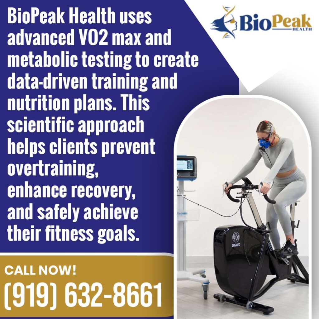 A woman performing a VO2 max and metabolic test on a stationary bike at BioPeak Health to create a data-driven training and nutrition plan.