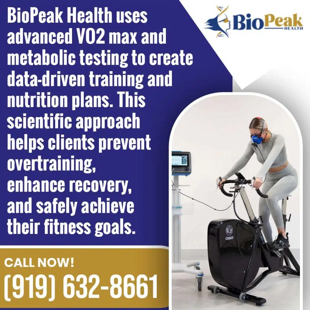 A woman performing a VO2 max and metabolic test on a stationary bike at BioPeak Health to create a data-driven training and nutrition plan.