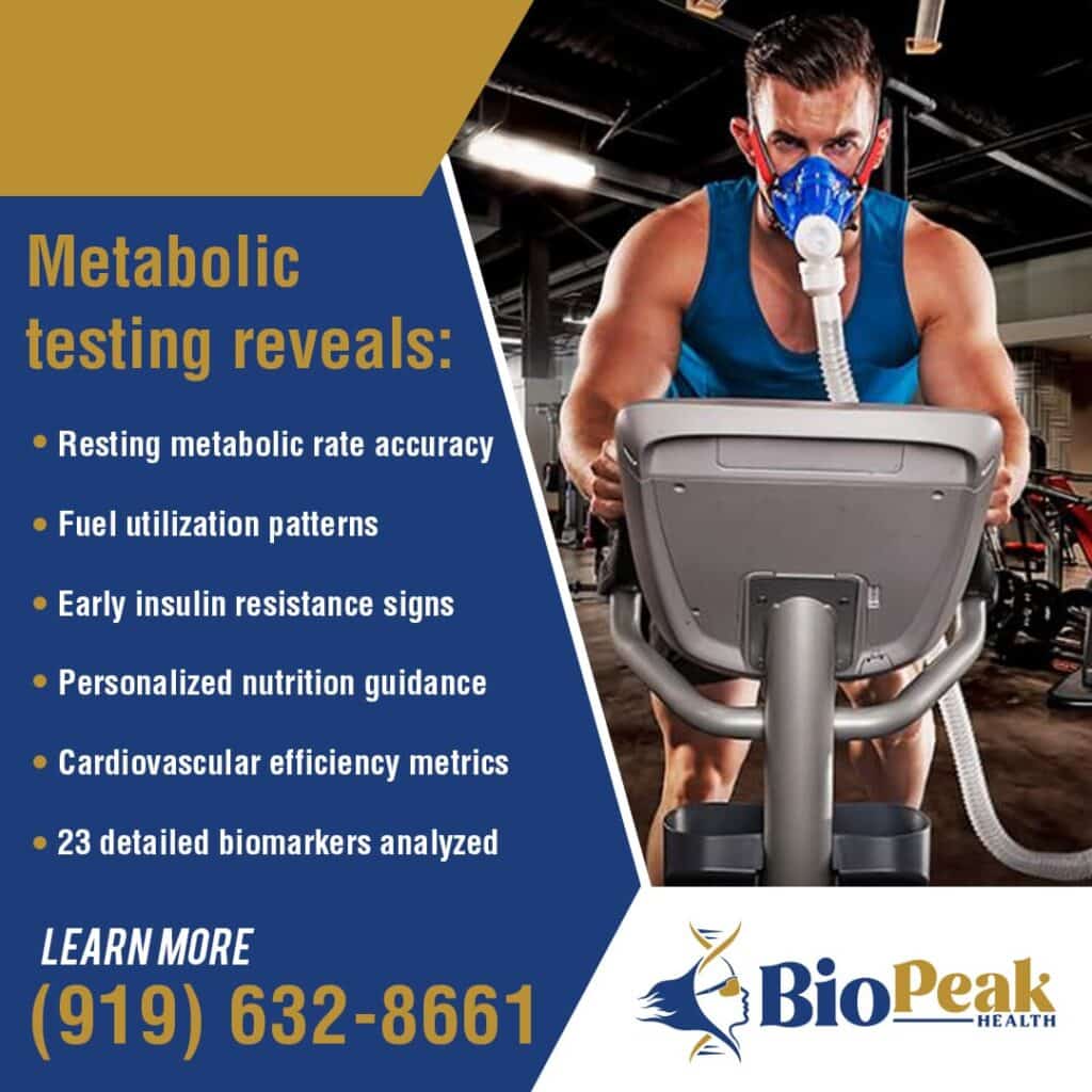 A man in a gym on an elliptical machine with a metabolic testing mask on his face. The image lists what metabolic testing reveals, including "Resting metabolic rate accuracy," "Fuel utilization patterns," "Early insulin resistance signs," and "Cardiovascular efficiency metrics."