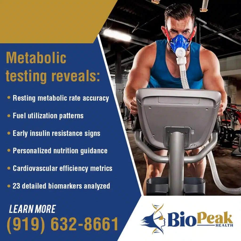 A man in a gym on an elliptical machine with a metabolic testing mask on his face. The image lists what metabolic testing reveals, including "Resting metabolic rate accuracy," "Fuel utilization patterns," "Early insulin resistance signs," and "Cardiovascular efficiency metrics."