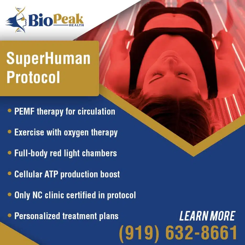 A woman lies down in a red light therapy bed, seen from above. The text highlights the "SuperHuman Protocol," listing its components: "PEMF therapy for circulation," "Exercise with oxygen therapy," and "Full-body red light chambers." The image also mentions the clinic is the "Only NC clinic certified in protocol."