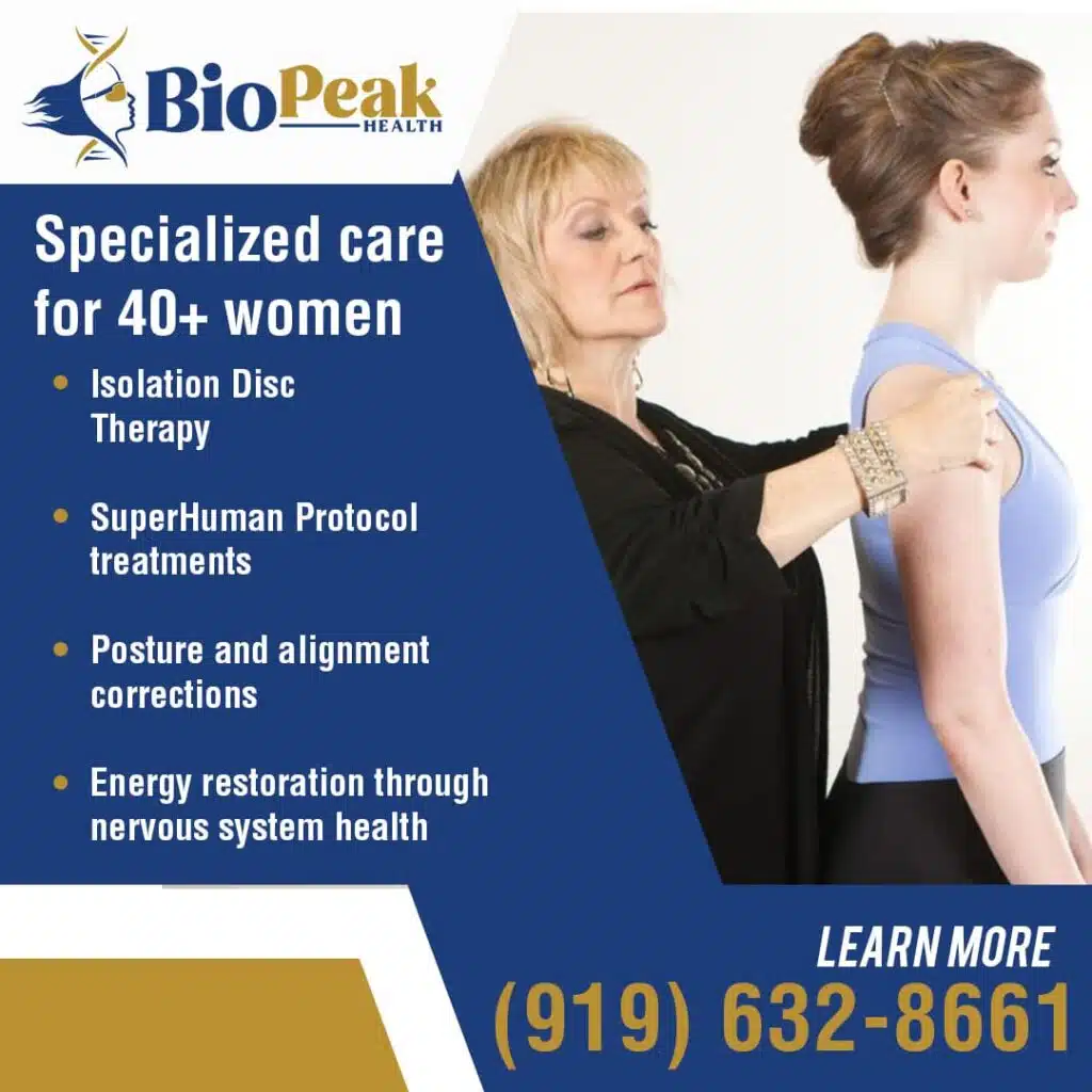 A female practitioner with a gentle touch helps a woman with her posture and alignment. The image highlights specialized care for women over 40, including "Isolation Disc Therapy," "SuperHuman Protocol treatments," "Posture and alignment corrections," and "Energy restoration through nervous system health."