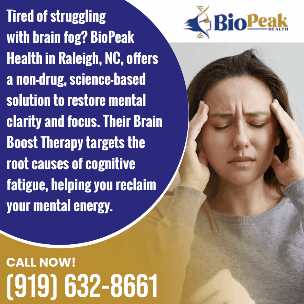 Woman experiencing headache and brain fog, promoting BioPeak Health's non-drug Brain Boost Therapy in Raleigh, NC, to restore mental clarity and focus.