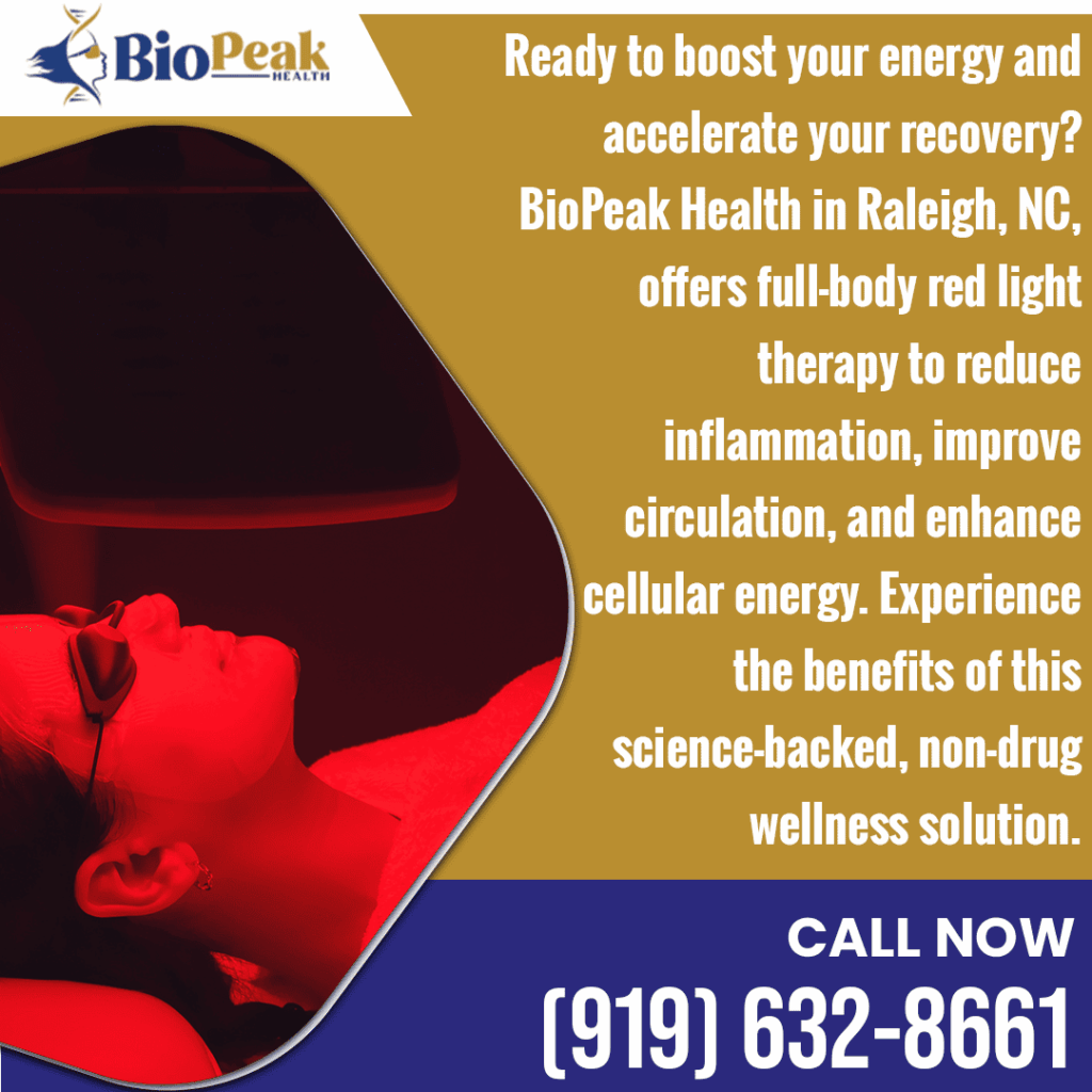 Diagram of the benefits of full-body red light therapy: systemic reach, enhanced circulation, reduced inflammation, and increased energy via mitochondrial function.