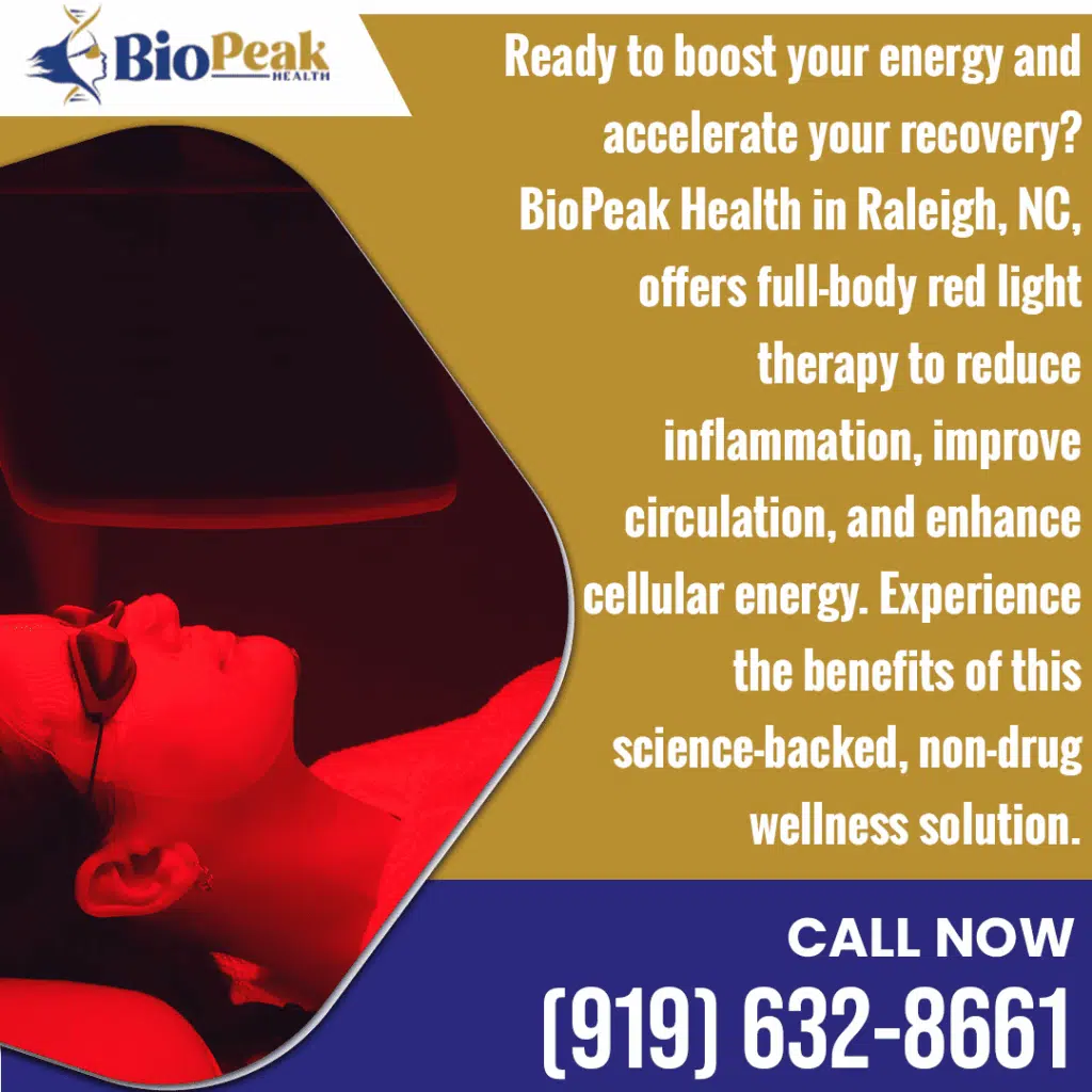 Diagram of the benefits of full-body red light therapy: systemic reach, enhanced circulation, reduced inflammation, and increased energy via mitochondrial function.