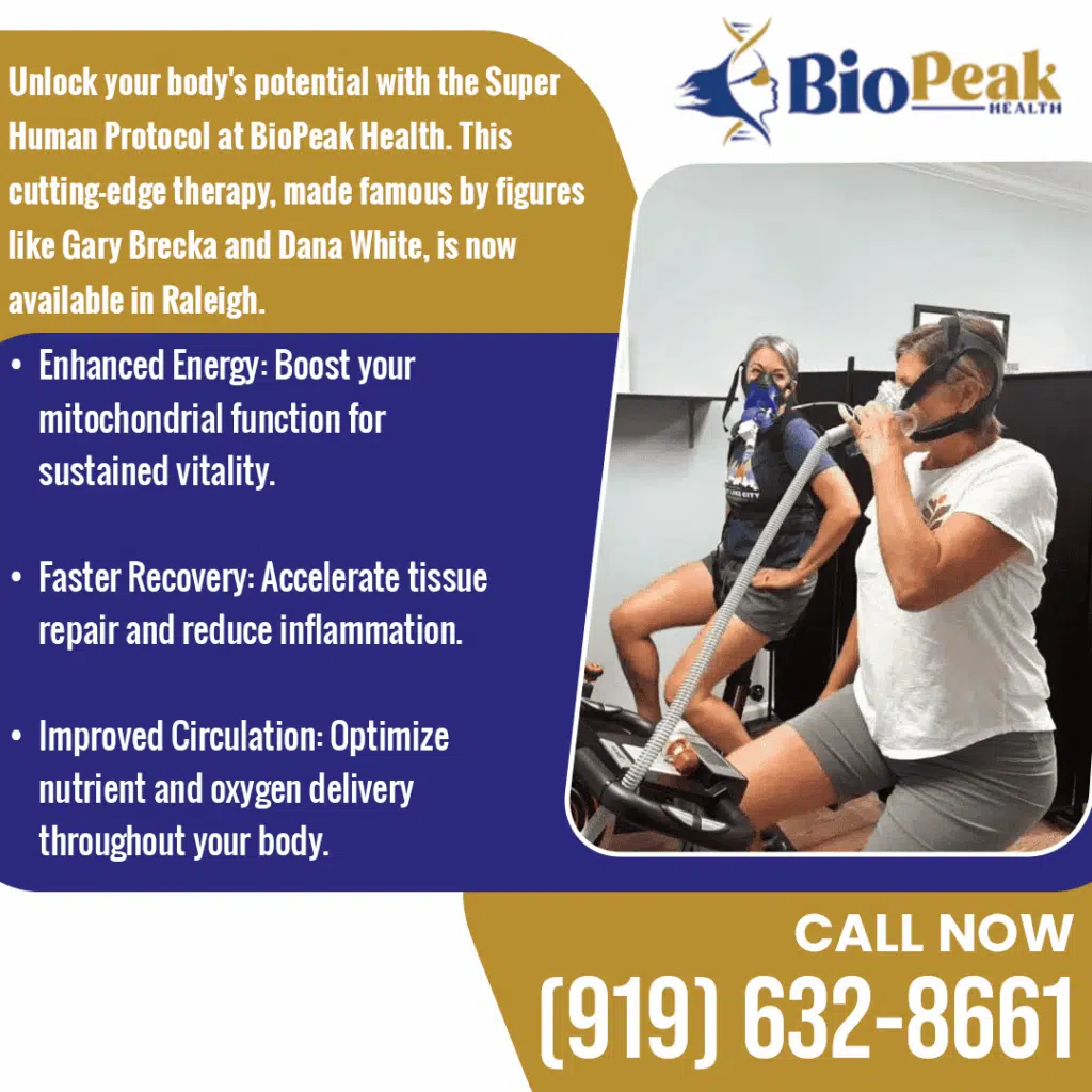 Two people using the Super Human Protocol at BioPeak Health to unlock potential through enhanced energy, faster recovery, and improved circulation.