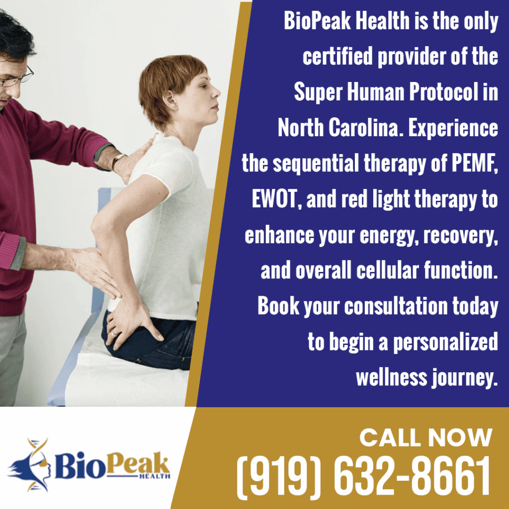 BioPeak Health as the only certified provider of the Super Human Protocol in North Carolina, featuring PEMF, EWOT, and red light therapy for enhanced energy and cellular function.