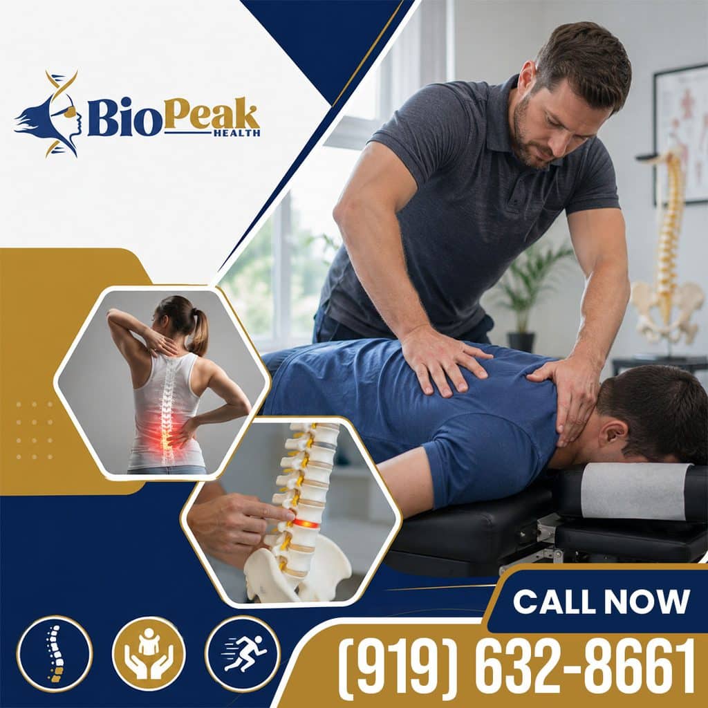 A chiropractor performing a manual spinal adjustment on a male patient lying on a treatment table, with insets showing back pain anatomy and an articulated spine model.