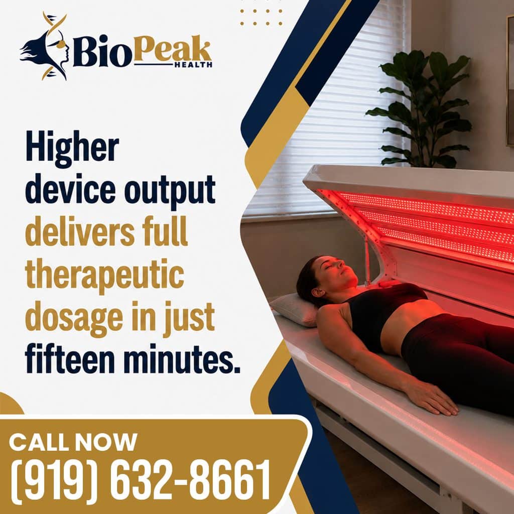 A woman lying in an open red light therapy bed receiving high-output photobiomodulation treatment beside promotional session text.