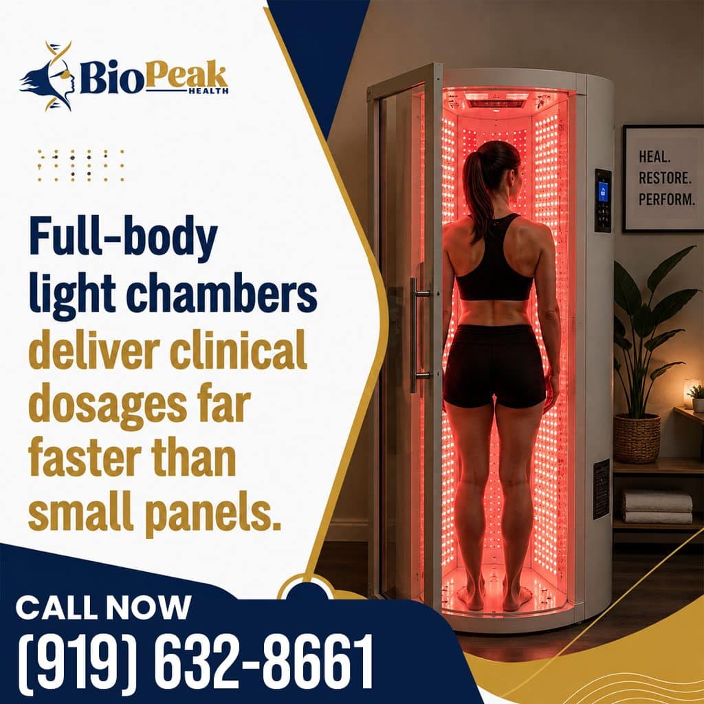 A woman standing inside a vertical red light therapy chamber beside text highlighting full-body clinical dosages compared to small panels.