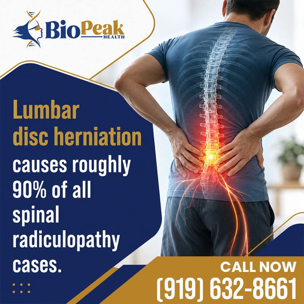 Rear view of a man holding his lower back with an illuminated glowing spine graphic demonstrating lumbar disc herniation and spinal radiculopathy pain.