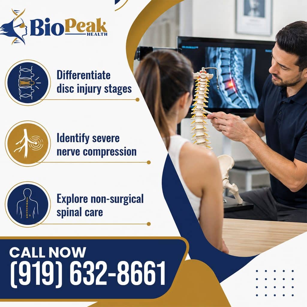 A spine specialist pointing to an anatomical spine model during a consultation with a patient in front of an MRI scan display screen.