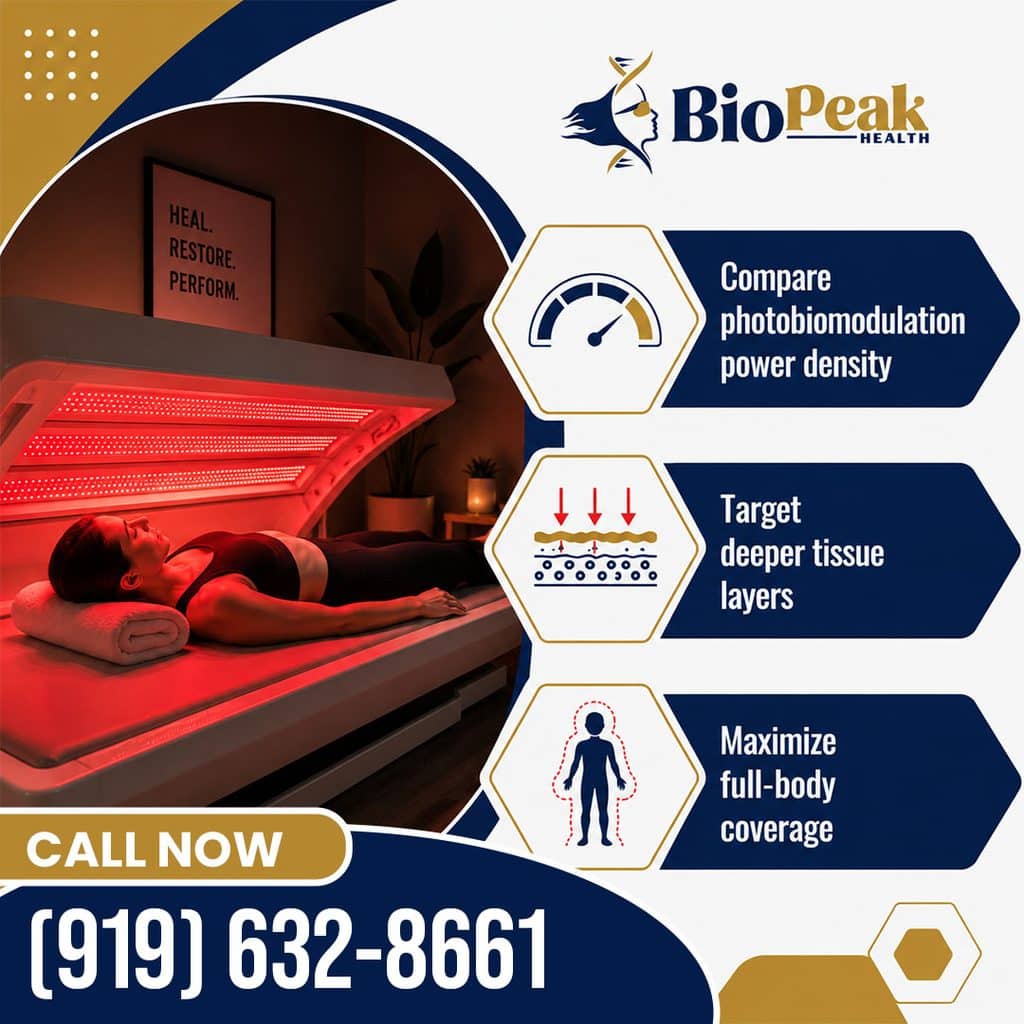 A woman relaxing inside an open full-body red light bed alongside benefit points for photobiomodulation power density, deep tissue targeting, and complete coverage.