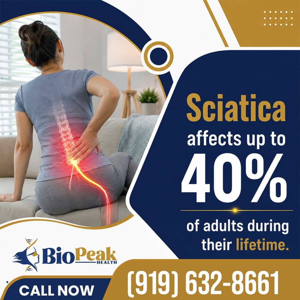 Rear view of a woman sitting on a sofa holding her lower back with a glowing spine overlay illustrating sciatica nerve pain traveling down the hip and leg.