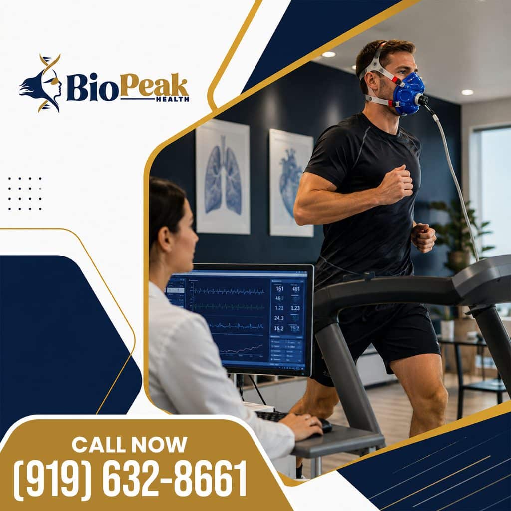 A male athlete running on a treadmill wearing a metabolic oxygen mask while a clinician monitors real-time cardiopulmonary performance metrics on a computer.
