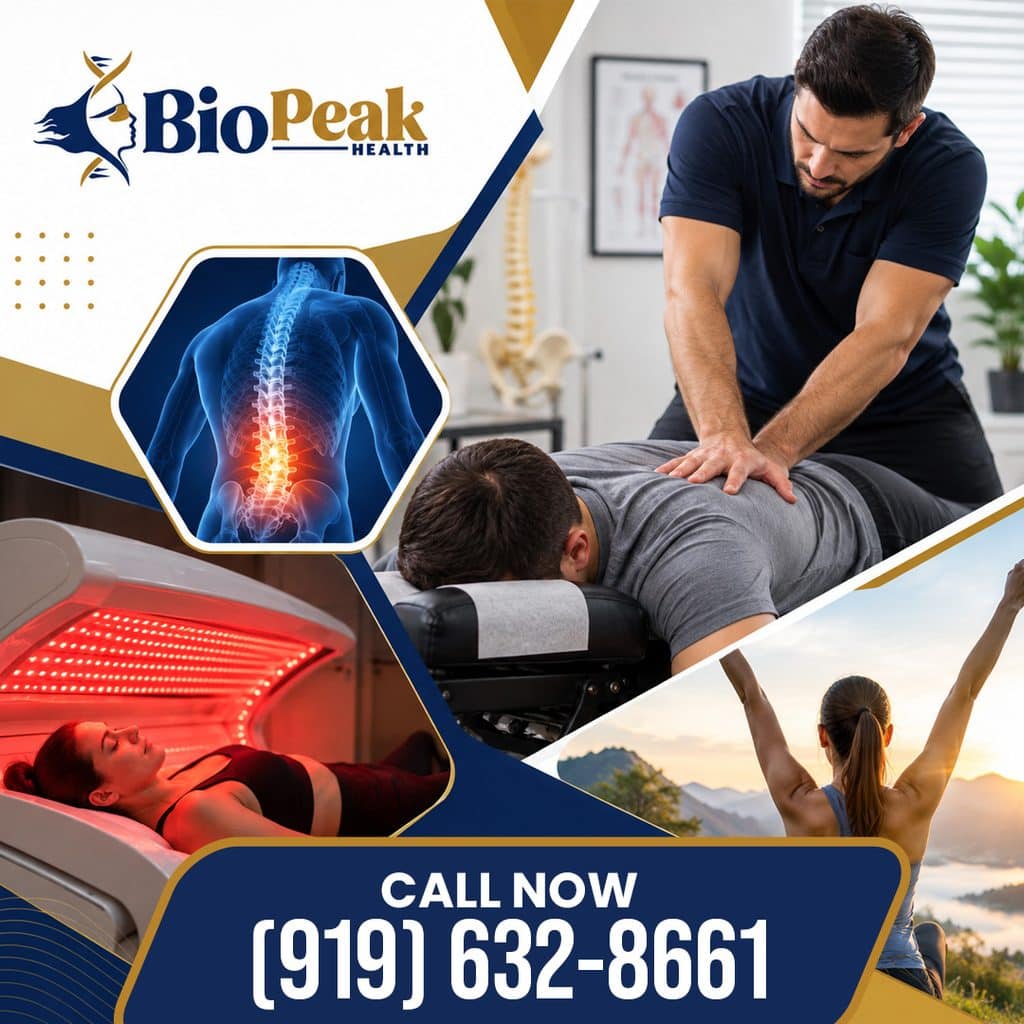 Chiropractic back adjustment, red light therapy bed, and highlighted spine graphic for back pain treatment