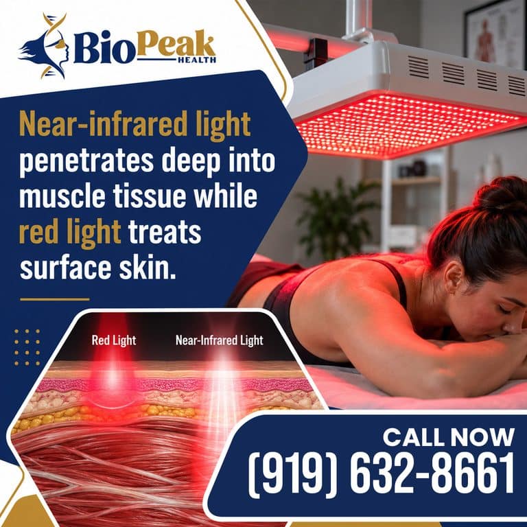 Woman receiving red light therapy under an LED panel, with a diagram of red vs near-infrared light penetration
