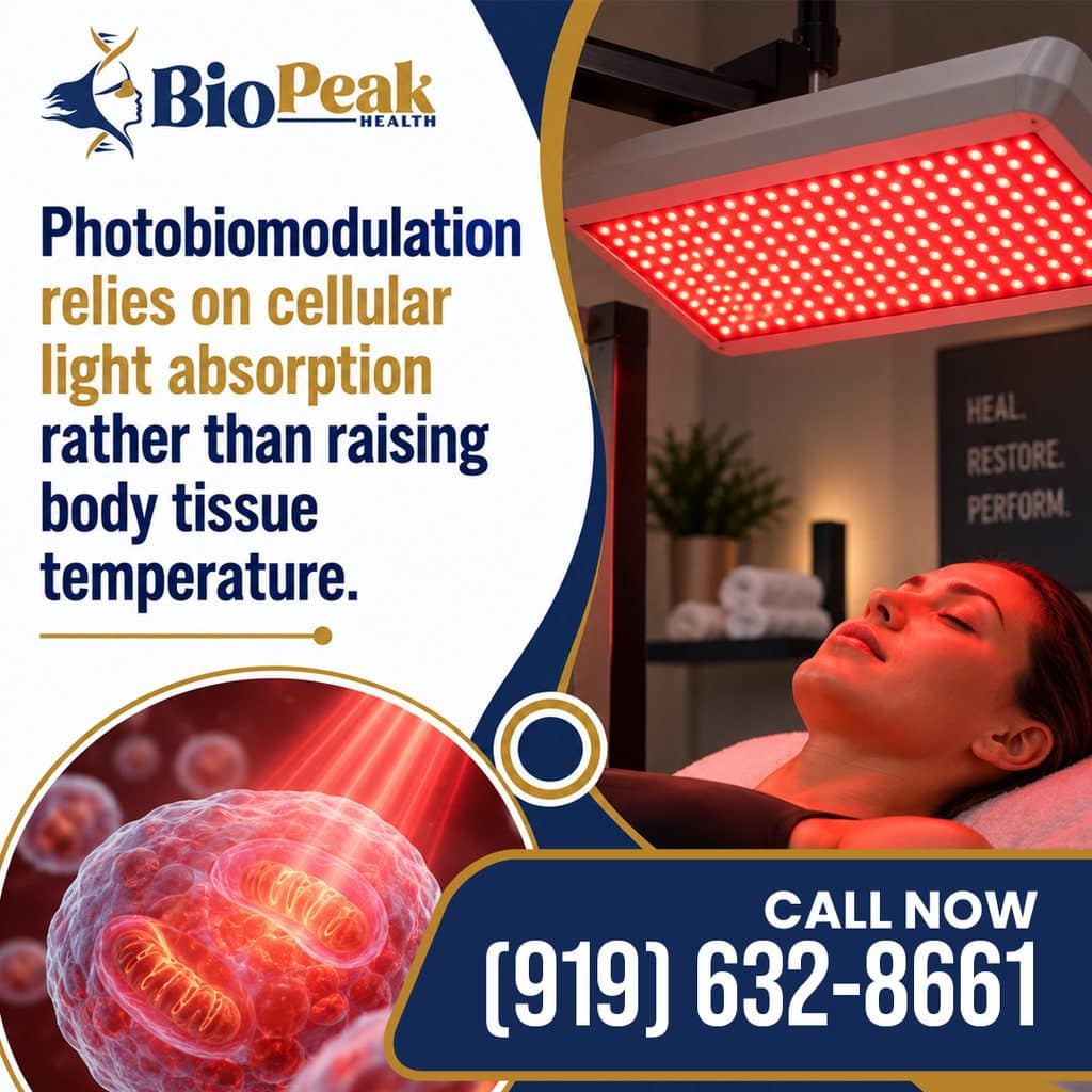 Woman reclining under a red light therapy panel with a mitochondria close-up showing photobiomodulation