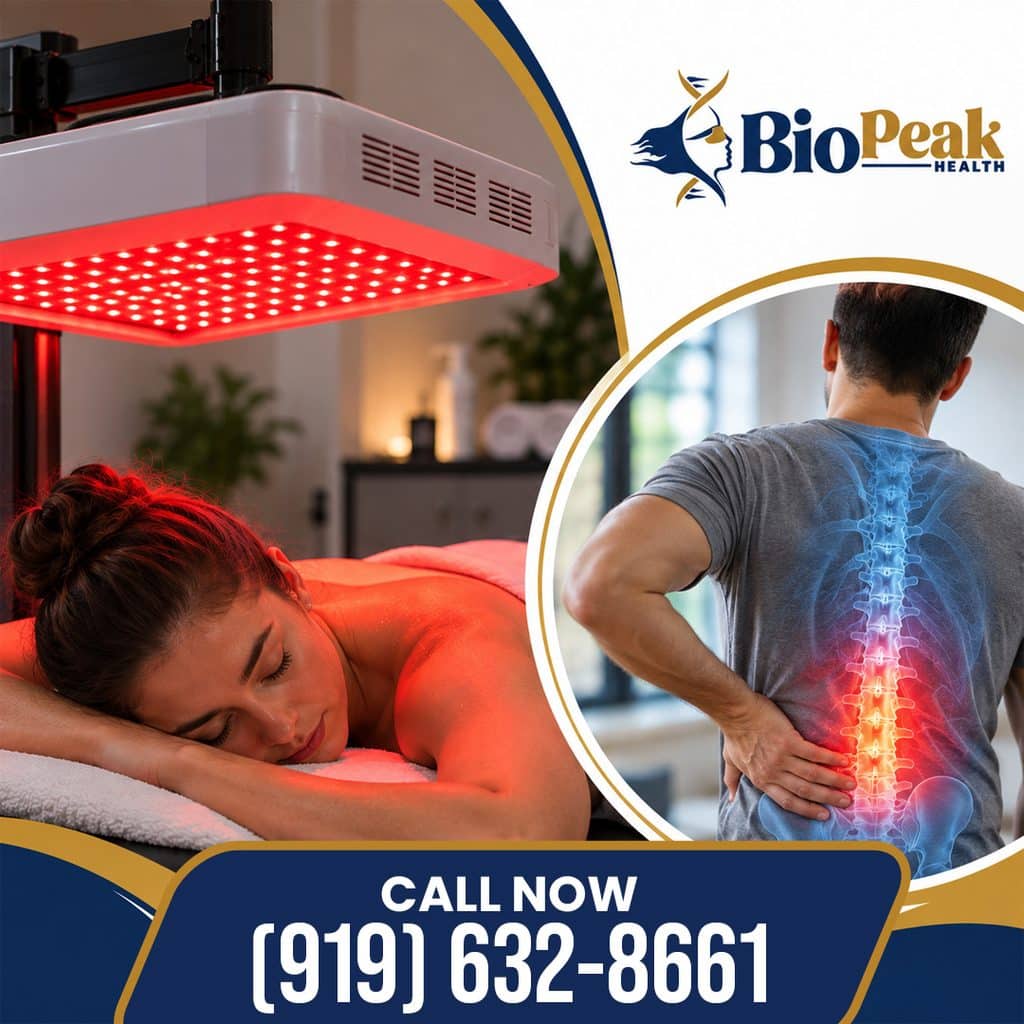 Woman relaxing under a red light therapy panel beside a man with highlighted lower back pain