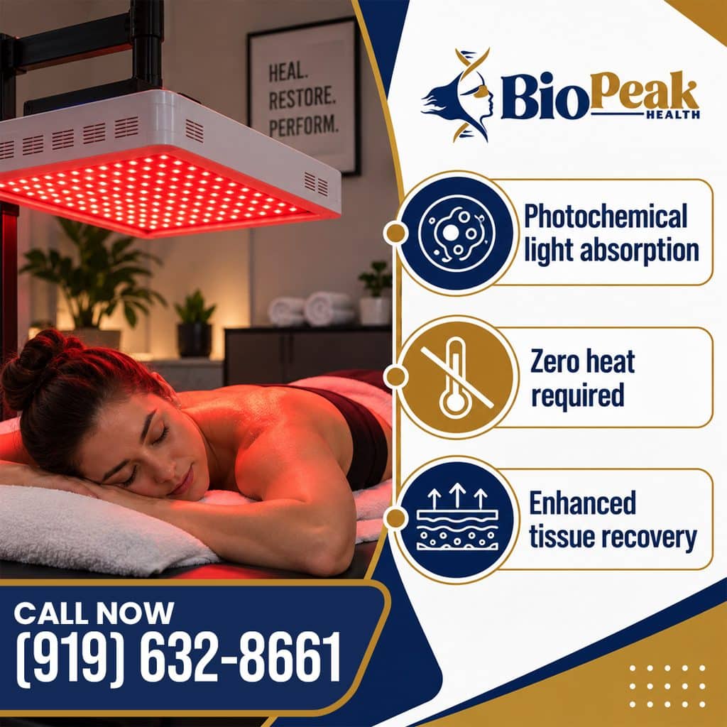 Woman relaxing under a red light therapy panel, with icons for light absorption, no heat, and tissue recovery