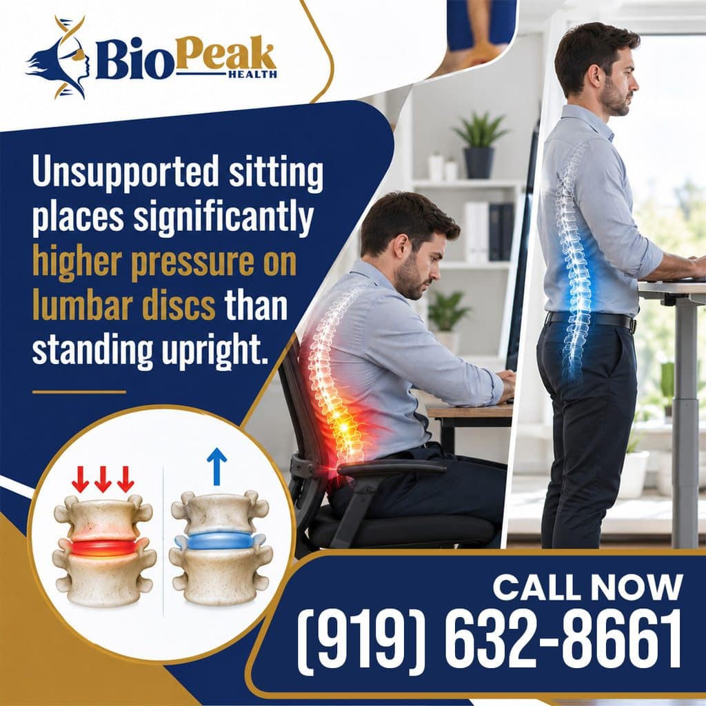Man sitting at a desk and standing upright with spine highlights, comparing lumbar disc pressure while sitting