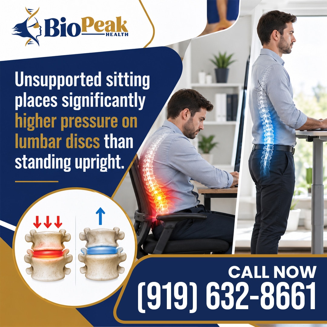 Man sitting at a desk and standing upright with spine highlights, comparing lumbar disc pressure while sitting