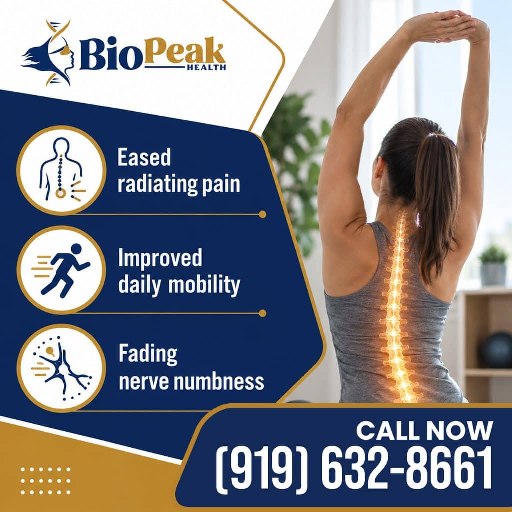 Woman stretching with a highlighted spine, showing spinal decompression benefits like pain relief and mobility